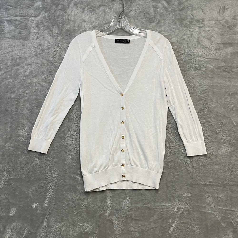 The Limited Cardigan Women S White V-Neck 100% Cotton 3/4 Sleeve Gold Buttons